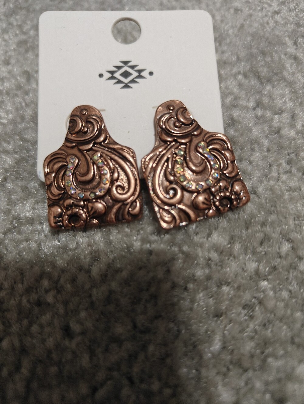 western Copper-Tone Filigree Drop Earrings with Crystal Accents cow tag posts